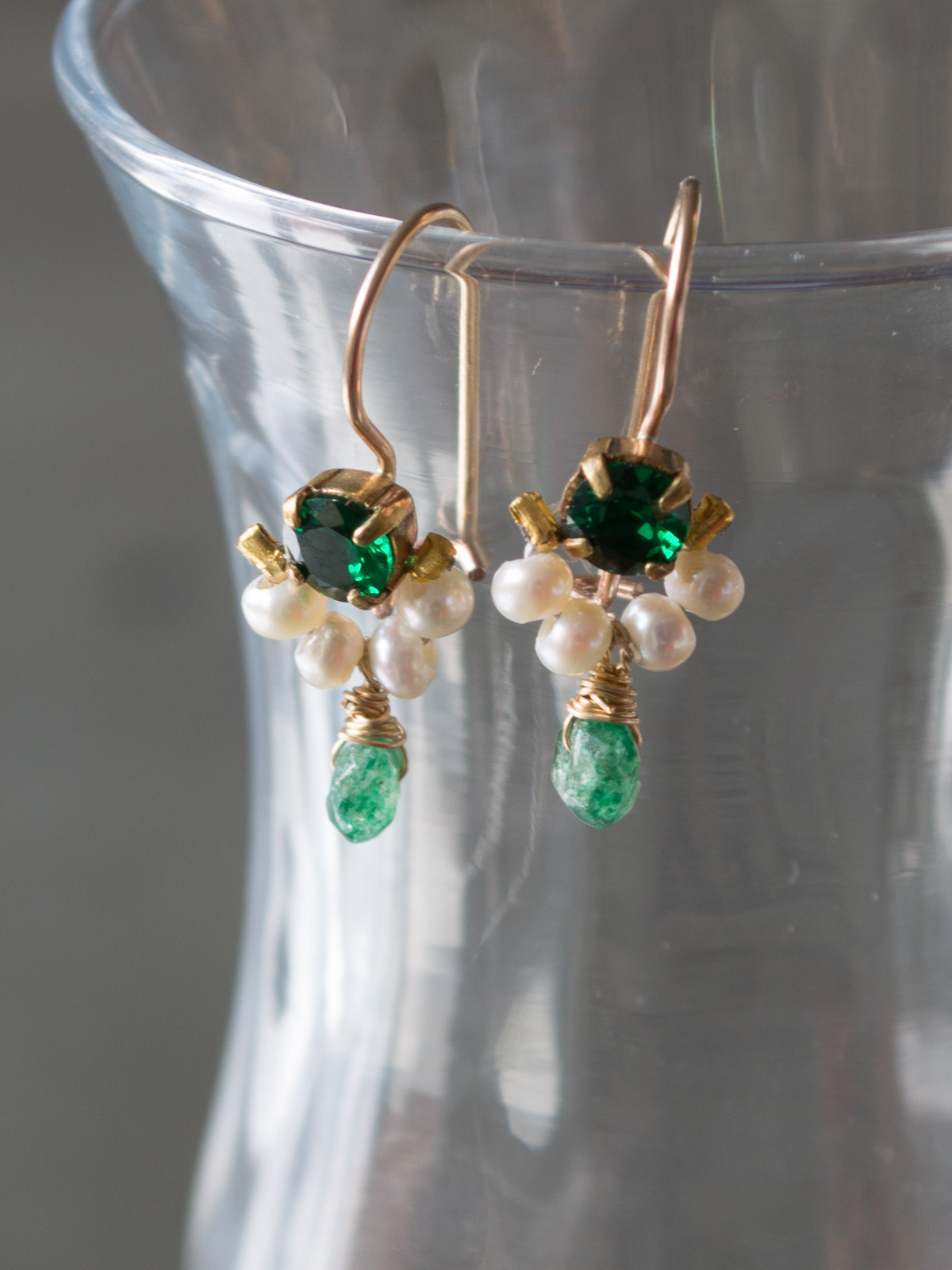 earrings Dancer green crystal, pearls